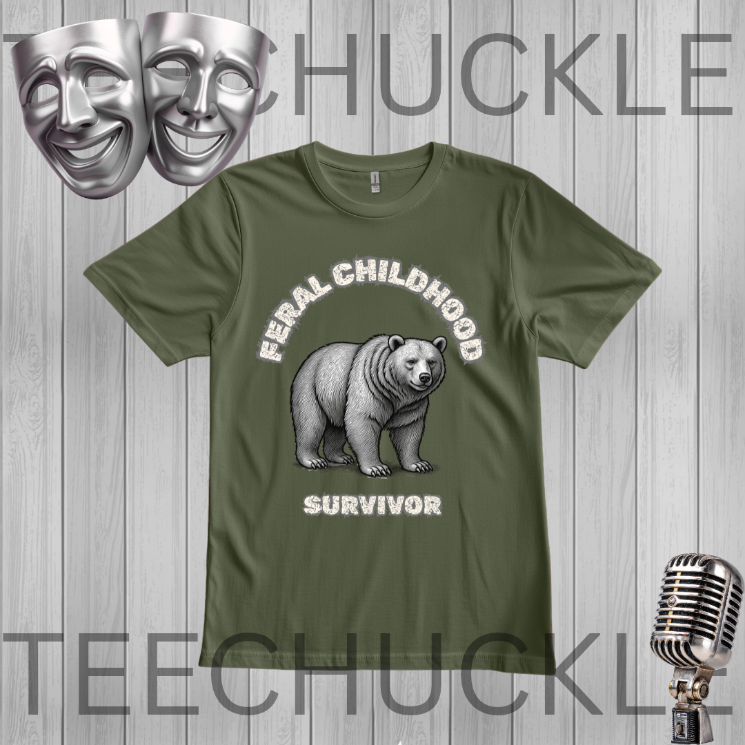 A green graphic t-shirt featuring a black and white polar bear illustration with the text 'FERAL CHILDHOOD SURVIVOR' printed on the front. The t-shirt is displayed on a gray wood-plank background with a 'a silver microphone, and comedy theater masks in the corners.