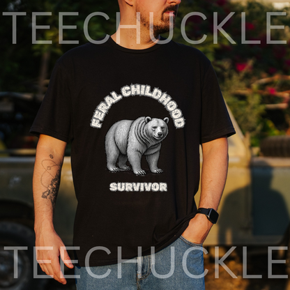 A man wearing a black graphic t-shirt with a white polar bear illustration and the text 'FERAL CHILDHOOD SURVIVOR'. The background is an outdoor setting with a blurred vehicle and foliage,