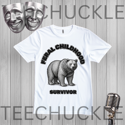 A white short-sleeve graphic T-shirt laid flat on a gray wood-plank background. The shirt features a black-and-gray illustration of a bear with the words 'FERAL CHILDHOOD SURVIVOR' in black.
