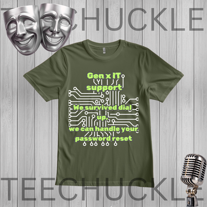 A green graphic t-shirt featuring a black and white polar bear illustration with the text 'FERAL CHILDHOOD SURVIVOR' printed on the front. The t-shirt is displayed on a gray wood-plank background with a 'silver microphone, and comedy theater masks in the corners.