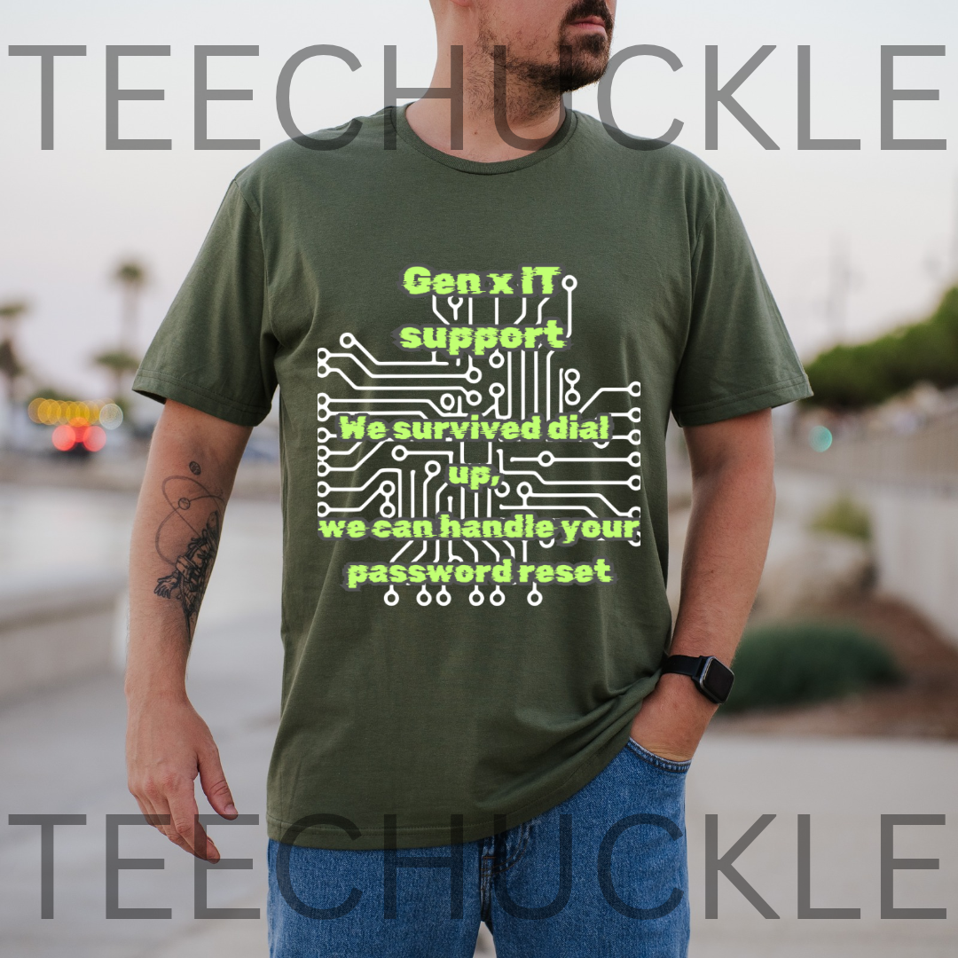 A man wearing a green graphic t-shirt with a neon green and white circuit board design and the text 'Gen x IT support We survived dial! up, we can handle your password reset'. The background is a blurred outdoor street scene