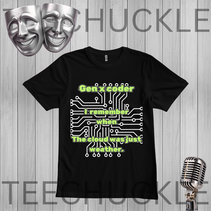A black short-sleeve graphic T-shirt displayed on a gray wood-plank background, with a silver microphone and two theater masks as decorative props. The shirt has a white circuit-board style graphic and lime green text reading, 'Gen X cooler I remember when The cloud was just weather.