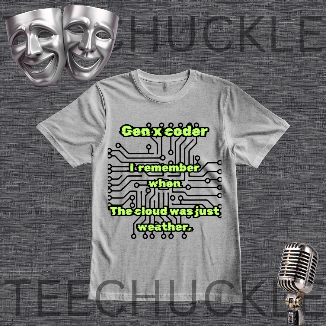 A gray graphic t-shirt displayed on a dark gray textured background. The t-shirt features a black circuit board design with lime green text that reads .'Gen x coder I remember when The cloud was just weather.