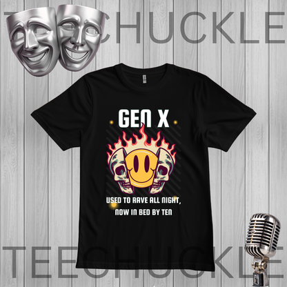 A black short-sleeve graphic t-shirt displayed against a gray wood-plank background. The shirt features a 'Gen X' meme graphic with two skulls in sunglasses, a yellow smiley face inside a flame, and white text that reads 'USED TO RAVE ALL NIGHT, NOW IN BED BY TEN'.