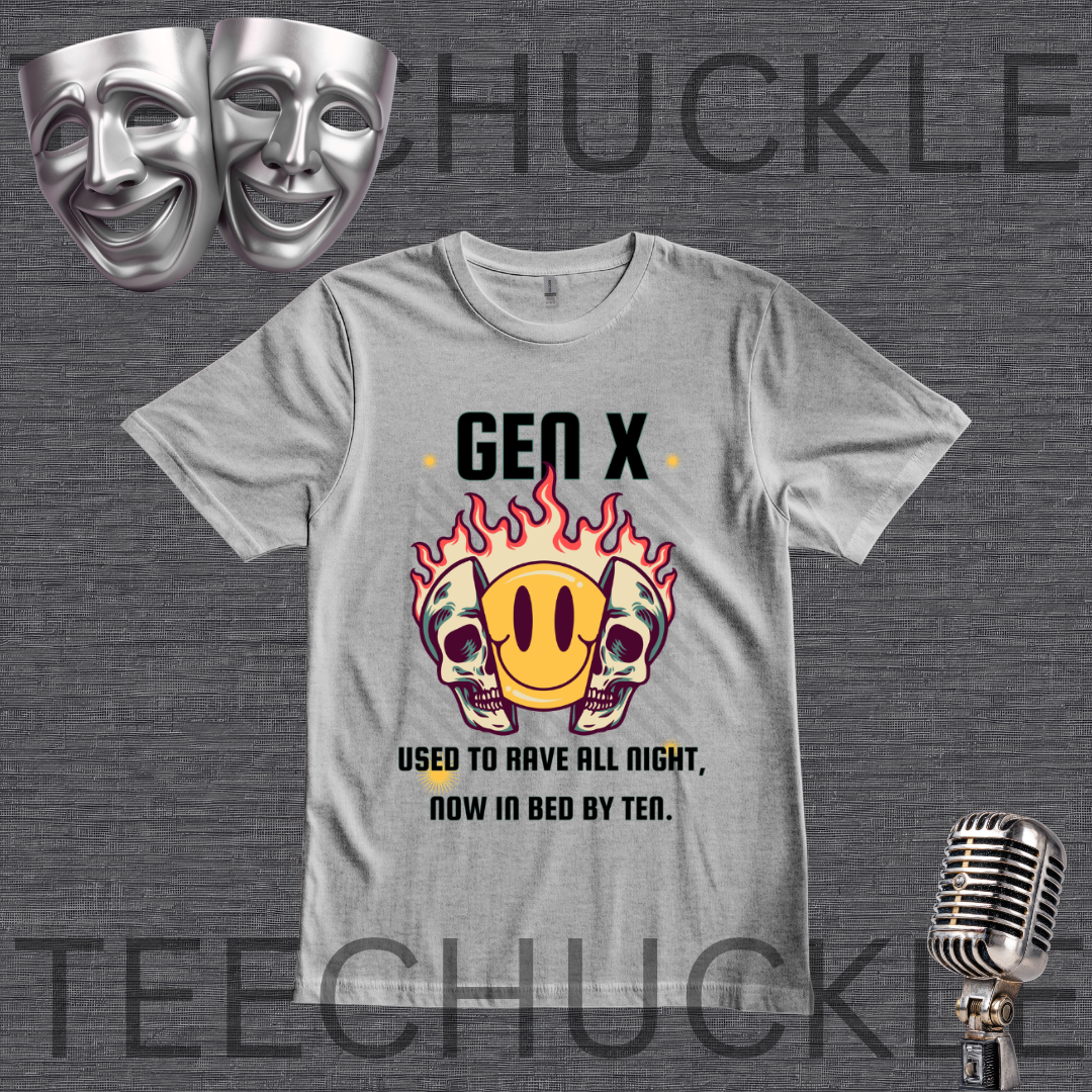 A gray graphic t-shirt displayed on a dark gray textured background. The shirt features a 'Gen X' meme design with two skulls in flames surrounding a yellow smiley face.