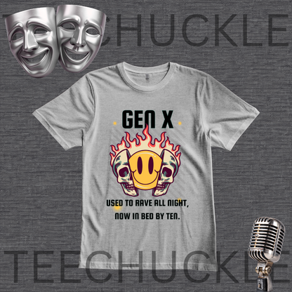 A gray graphic t-shirt displayed on a dark gray textured background. The shirt features a 'Gen X' meme design with two skulls in flames surrounding a yellow smiley face.