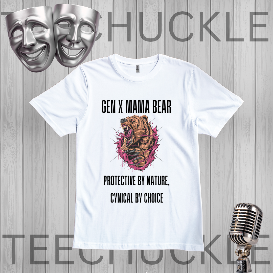 A white graphic t-shirt displayed on a gray wood-plank background, featuring a 'Gen X Mama Bear' design with a bear illustration and the text 'Protective by Nature, Cynical by Choice'. The image includes decorative silver theater masks in the top-left and a vintage-style microphone in the bottom-right