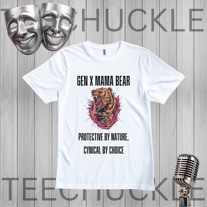 A white graphic t-shirt displayed on a gray wood-plank background, featuring a 'Gen X Mama Bear' design with a bear illustration and the text 'Protective by Nature, Cynical by Choice'. The image includes decorative silver theater masks in the top-left and a vintage-style microphone in the bottom-right
