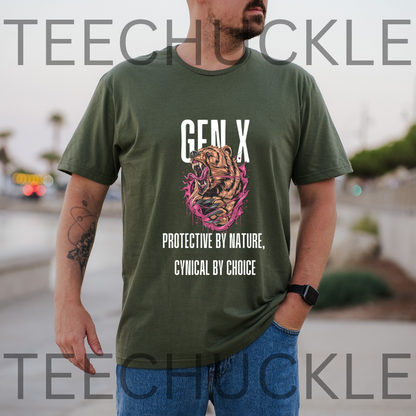A man wearing a green graphic t-shirt featuring a roaring bear illustration with pink and black details, accompanied by the text 'GEN X' and 'PROTECTIVE BY NATURE, CYNICAL BY CHOICE'. and is set against a blurred outdoor background.