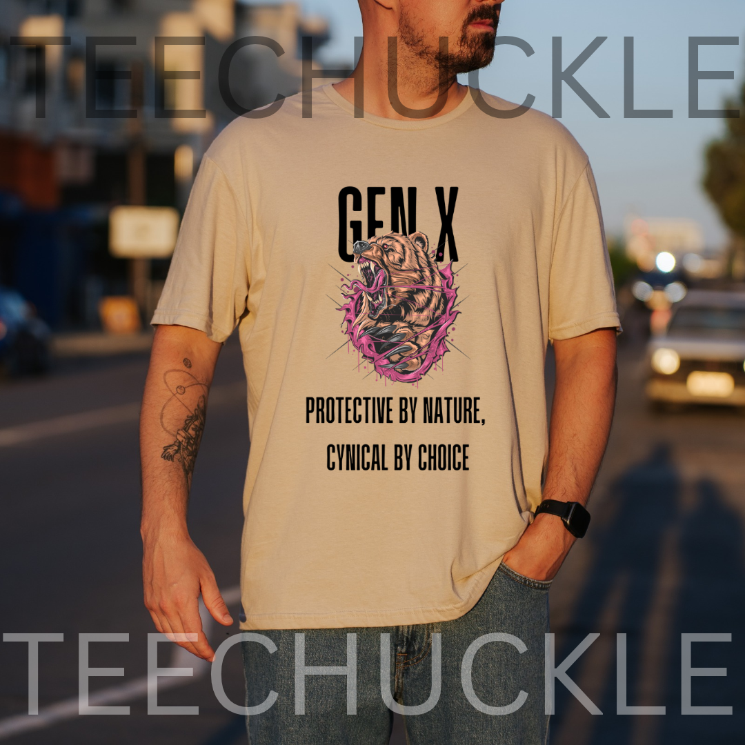 A man wearing a sand graphic t-shirt with a tiger illustration and the text 'GEN X PROTECTIVE BY NATURE. CYNICAL BY CHOICE'.