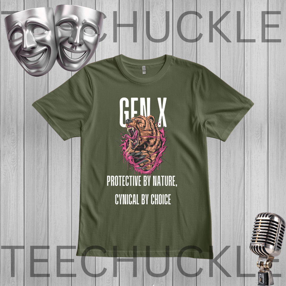 A green graphic t-shirt displayed on a gray wood plank background. The shirt features a graphic of a tiger wrapped in pink and purple feathers, with the text 'GEN X' and 'PROTECTIVE BY NATURE, CYNICAL BY CHOICE' in white.
