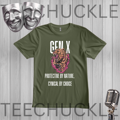A green graphic t-shirt displayed on a gray wood plank background. The shirt features a graphic of a tiger wrapped in pink and purple feathers, with the text 'GEN X' and 'PROTECTIVE BY NATURE, CYNICAL BY CHOICE' in white.