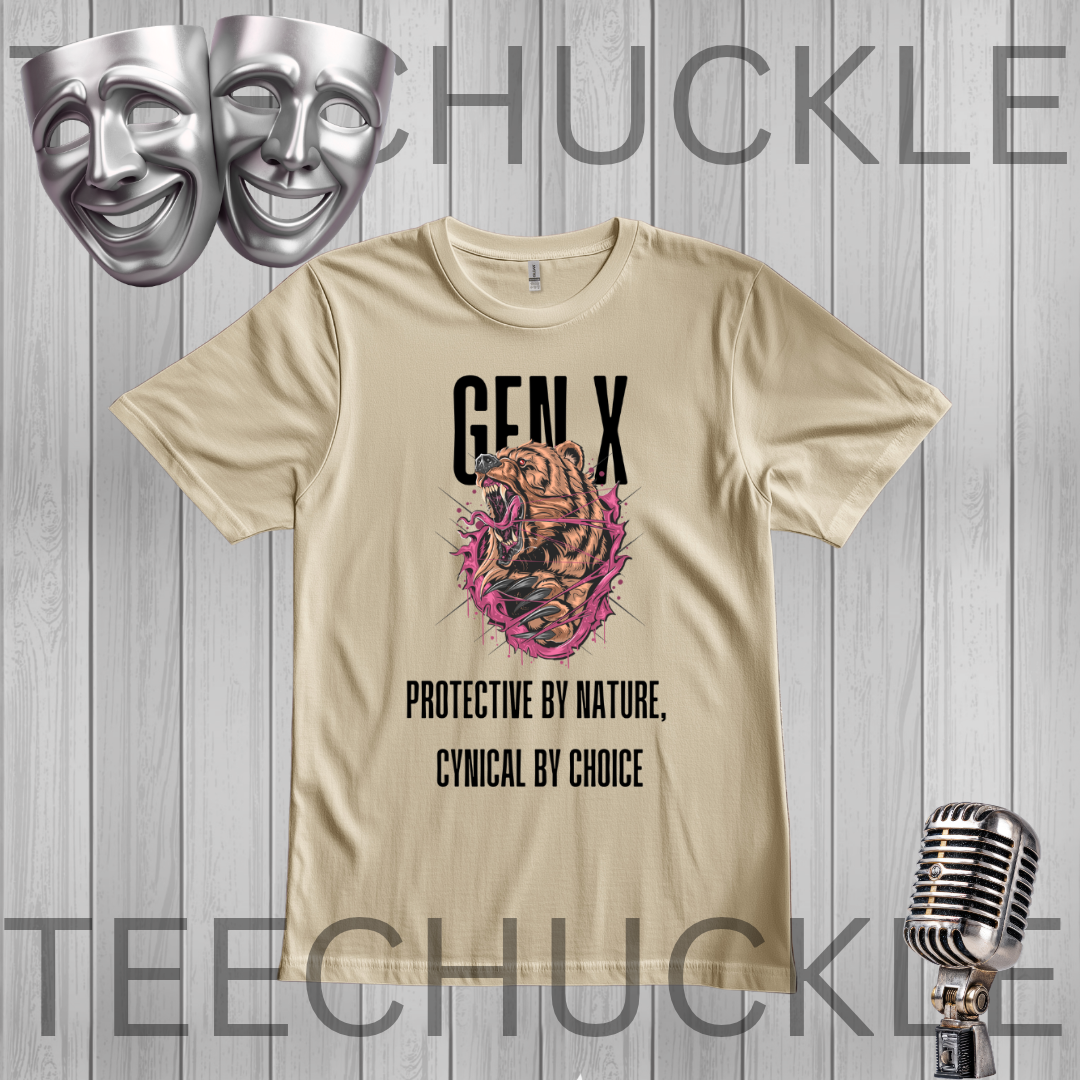 A sand graphic t-shirt displayed on a gray wood-plank background, featuring a 'Gen X' bear illustration and the text 'Protective by nature, Cynical by choice'. The image includes decorative silver theater masks and a vintage microphone