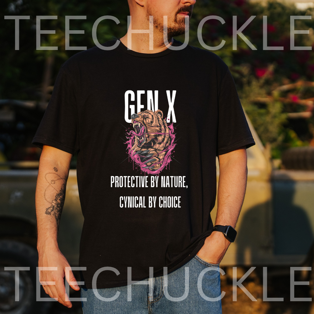 A man wearing a black graphic t-shirt with a tiger illustration and the text 'GEN X PROTECTIVE BY NATURE, CYNICAL BY CHOICE'. The background is an outdoor setting with a blurred car and foliage