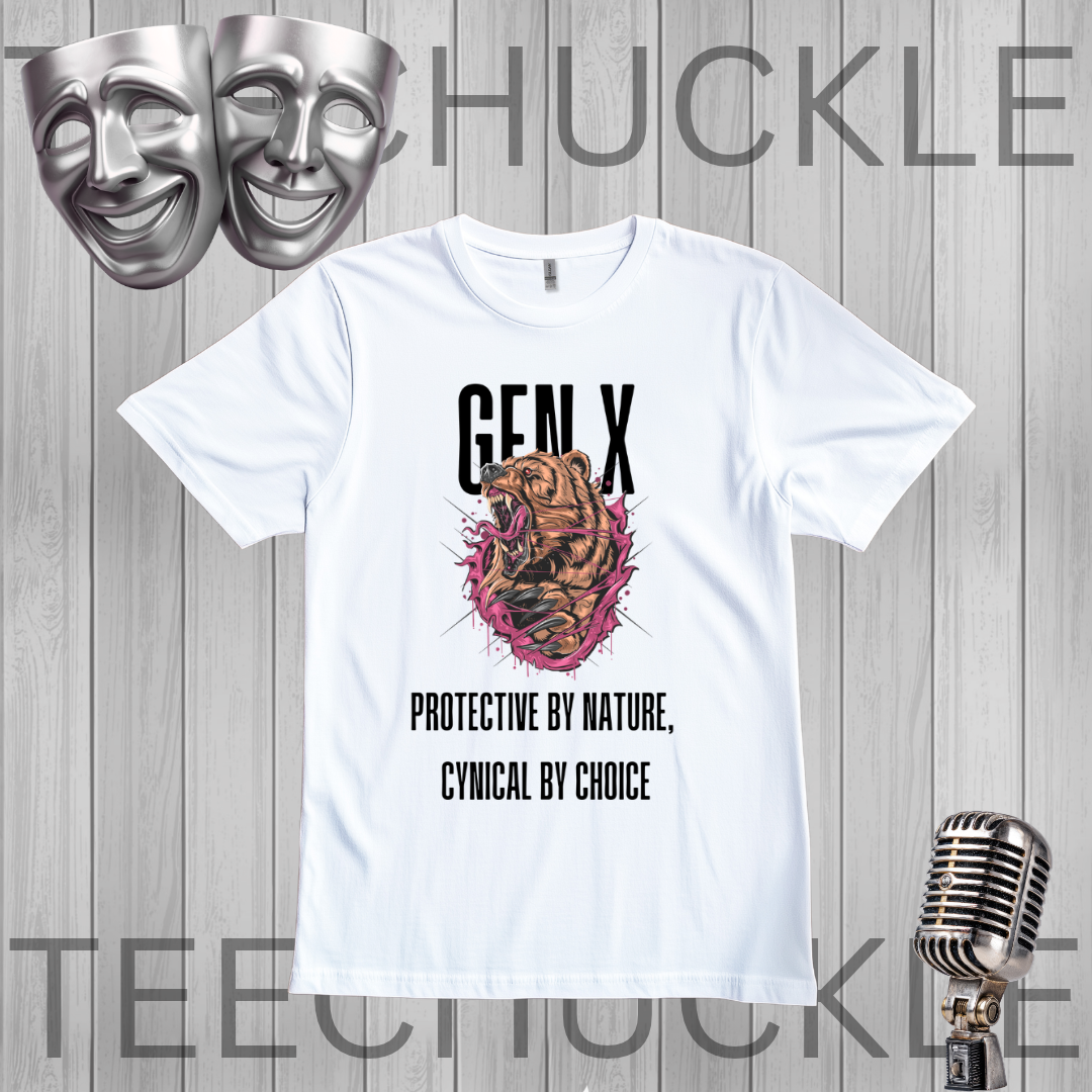 A white graphic t-shirt featuring a roaring bear illustration with pink and black details, accompanied by the text 'GEN X' and 'PROTECTIVE BY NATURE, CYNICAL BY CHOICE'. The t-shirt is displayed on a gray wood-plank background with decorative props including two silver theater masks at the top left and a vintage-style microphone at the bottom right.