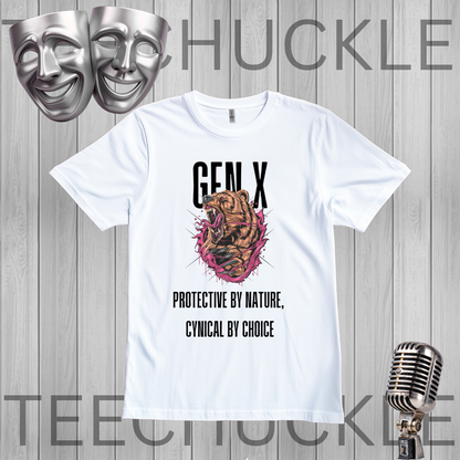 A white graphic t-shirt featuring a roaring bear illustration with pink and black details, accompanied by the text 'GEN X' and 'PROTECTIVE BY NATURE, CYNICAL BY CHOICE'. The t-shirt is displayed on a gray wood-plank background with decorative props including two silver theater masks at the top left and a vintage-style microphone at the bottom right.