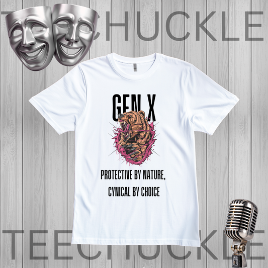A white graphic t-shirt featuring a roaring bear illustration with pink and black details, accompanied by the text 'GEN X' and 'PROTECTIVE BY NATURE, CYNICAL BY CHOICE'. The t-shirt is displayed on a gray wood-plank background with decorative props including two silver theater masks at the top left and a vintage-style microphone at the bottom right.