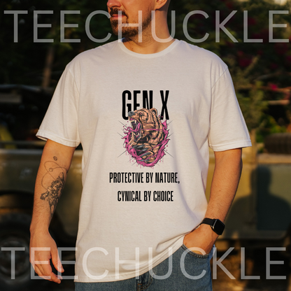 A man wearing a white graphic t-shirt with a 'GEN X' bear design and text, photographed outdoors with a blurred background. 