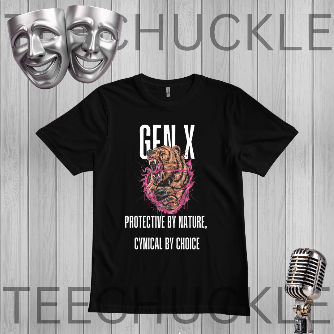 A black short-sleeve graphic T-shirt laid flat on a gray wood-plank background. The shirt features the text 'GEN X' above a stylized roaring tiger illustration in pink, orange, and black, with the phrase 'PROTECTIVE BY NATURE, CYNICAL BY CHOICE' below.