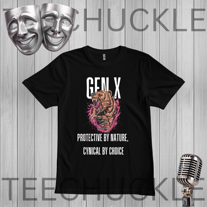 A black short-sleeve graphic T-shirt laid flat on a gray wood-plank background. The shirt features the text 'GEN X' above a stylized roaring tiger illustration in pink, orange, and black, with the phrase 'PROTECTIVE BY NATURE, CYNICAL BY CHOICE' below.