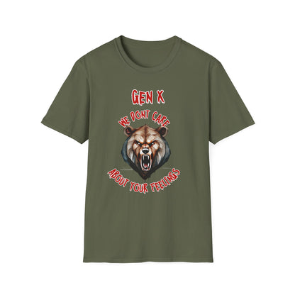 Sarcastic Gen X Dark Shirt We Dont Care About Your Feelings Bear Tee, Badass Generation X Black Graphic T-Shirt, Funny 1970s Latchkey Kid Birthday Gift