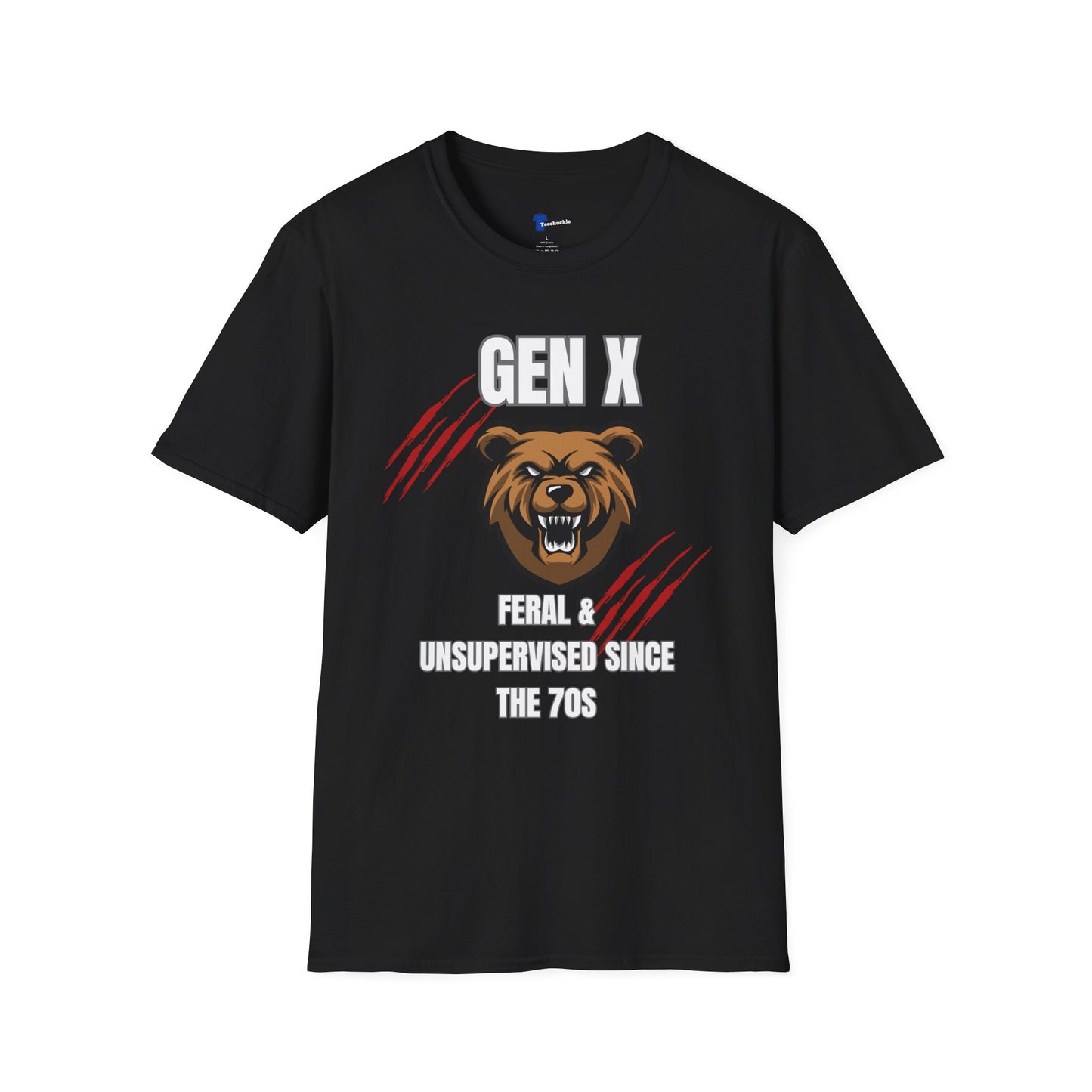 Gen X Feral And Unsupervised T-Shirt | Born In The 70s Graphic Tee | Funny Generation X Bear Mascot Shirt