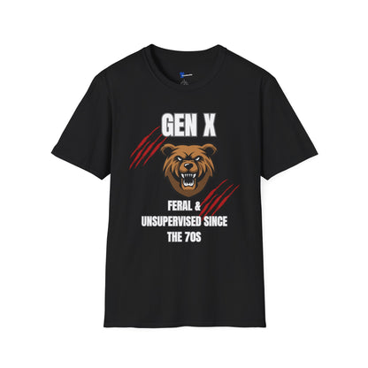 Gen X Feral And Unsupervised T-Shirt | Born In The 70s Graphic Tee | Funny Generation X Bear Mascot Shirt