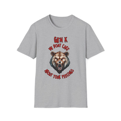 Sarcastic Gen X Dark Shirt We Dont Care About Your Feelings Bear Tee, Badass Generation X Black Graphic T-Shirt, Funny 1970s Latchkey Kid Birthday Gift