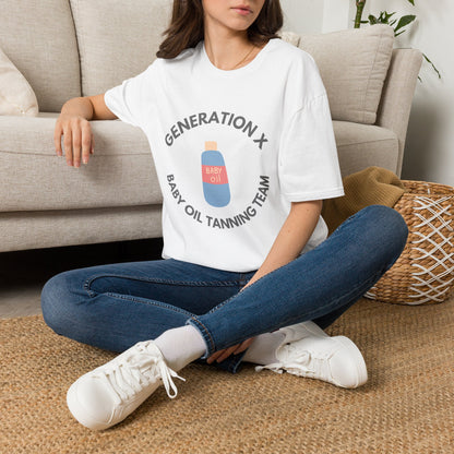 Retro Gen X Tanning Team Shirt - Generation X Baby Oil Graphic Tee, Funny 80s Nostalgia Summer Tee, Sarcastic Apparel Gift for GenX Men & Women