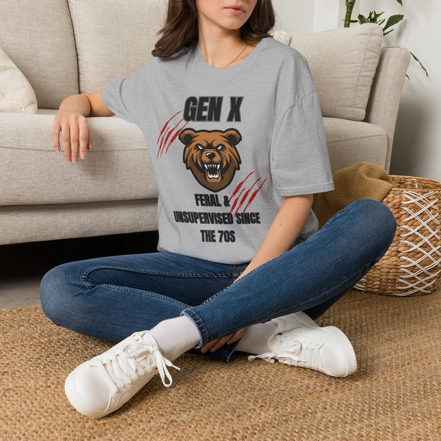 Gen X Feral And Unsupervised T-Shirt | Born In The 70s Graphic Tee | Funny Generation X Bear Mascot Shirt