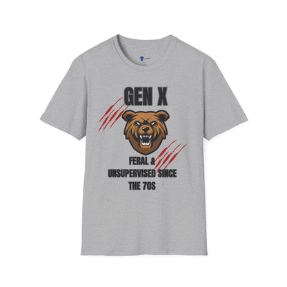 Gen X Feral And Unsupervised T-Shirt | Born In The 70s Graphic Tee | Funny Generation X Bear Mascot Shirt