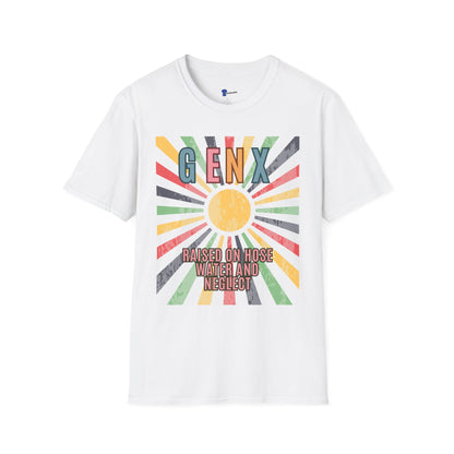 Gen X Shirt Raised on Hose Water and Neglect T-Shirt Distressed Retro Sunburst Graphic Tee Funny Generation X Latchkey Kid Gift Humorous Nostalgia Apparel=