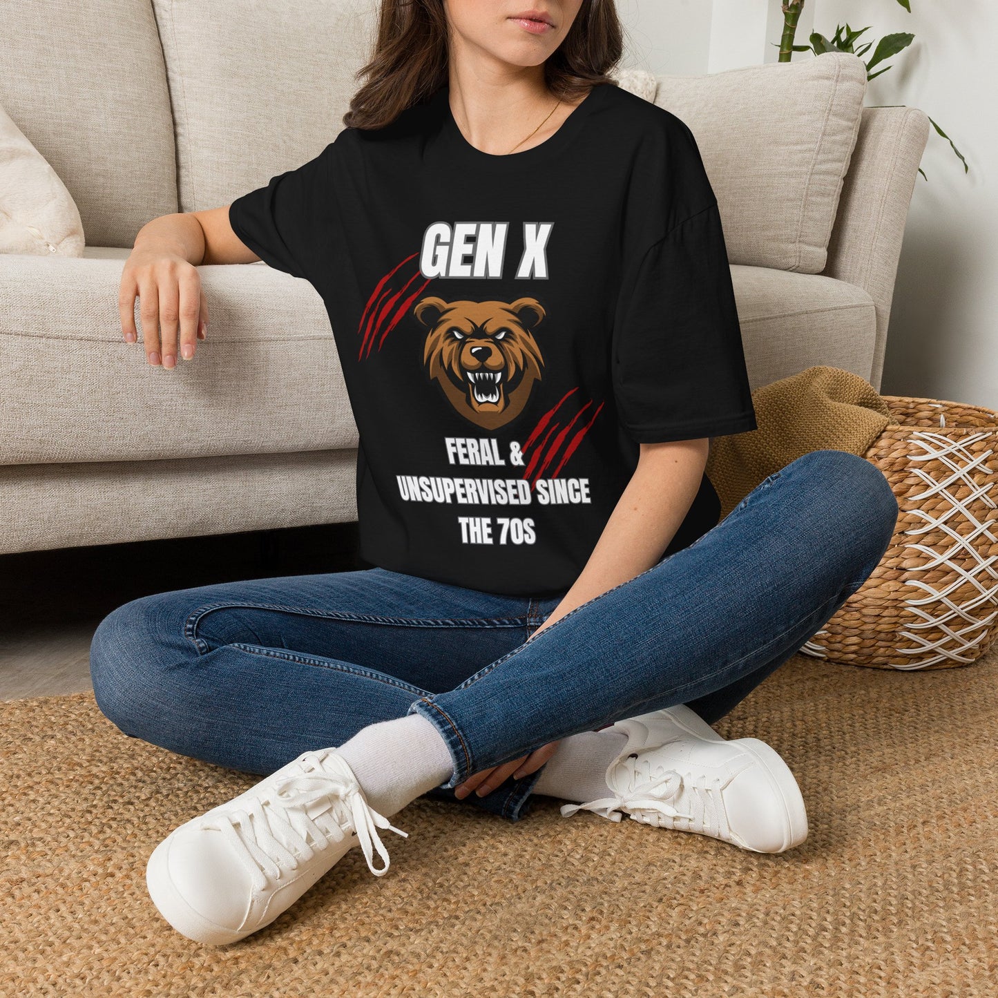 Gen X Feral And Unsupervised T-Shirt | Born In The 70s Graphic Tee | Funny Generation X Bear Mascot Shirt