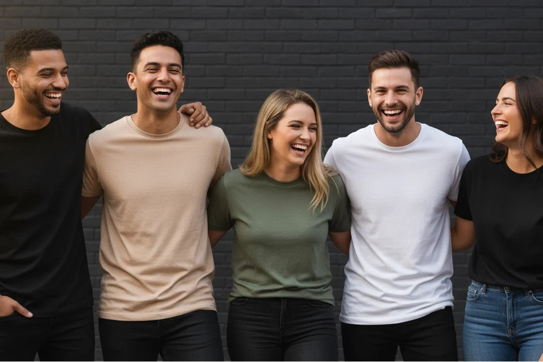 GROUP OF HAPPY SMILING YOUNG ADULTS STANDING TOGETHER IN CASUAL T-SHIRTS AGAINST A DARK BLUE BRICK WALL BACKGROUND